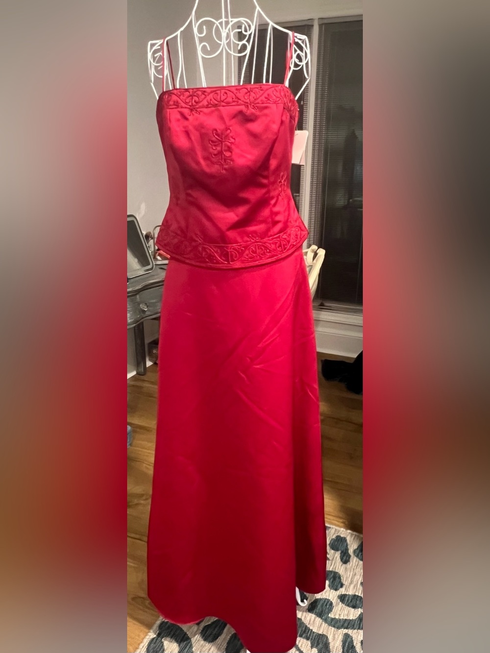 Red Strapless Evening Gown with Embroidered Bodice Size 6